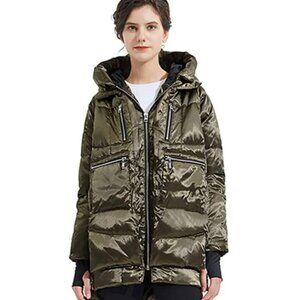 Orolay BLACK satin finish puffer coat duck down fill urban edgy mid length